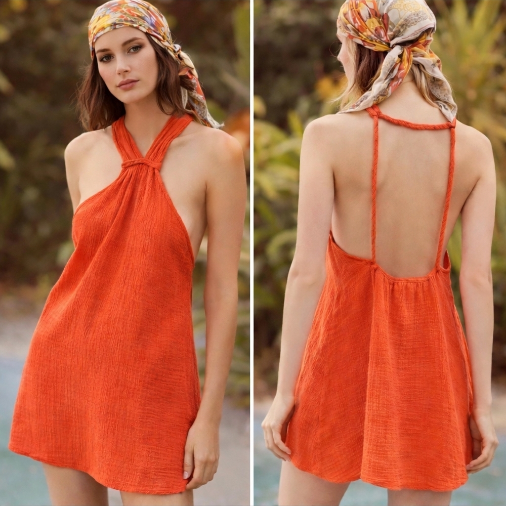 NWT Anthropologie Small Braided Halter Mini Dress Orange Beach Pool Coverup Boho